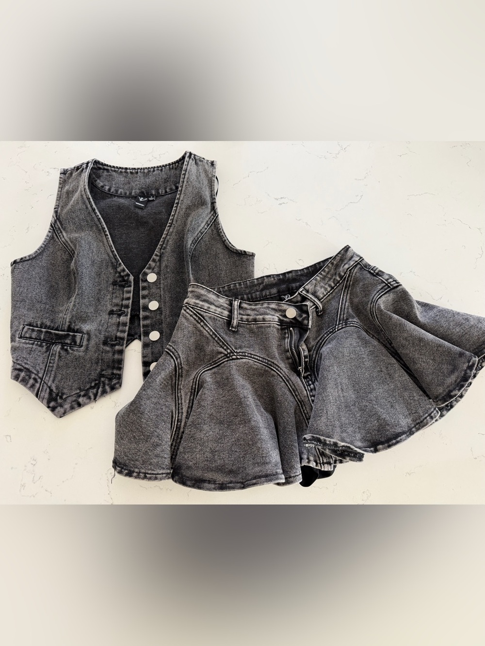Windsor Gray Acid-Wash Flare Jean Skirt Set